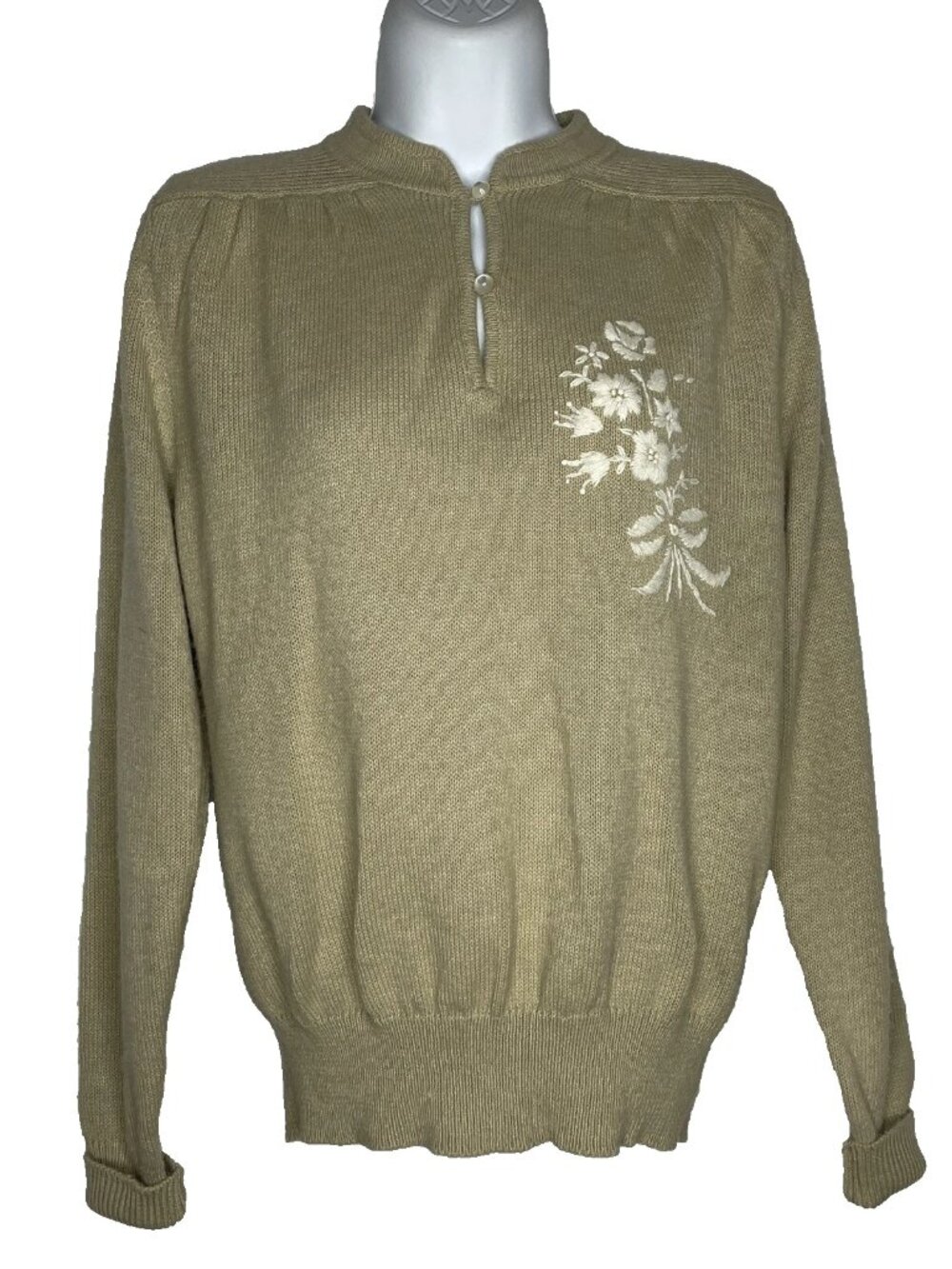 Vintage 70s Beeline Beige Pullover Sweater Size M Floral Crewel Wildflowers
